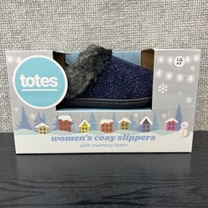 NEW Totes Slippers Faux Fur Memory‎ Foam Woman's Large  8-9 Navy Sparkle